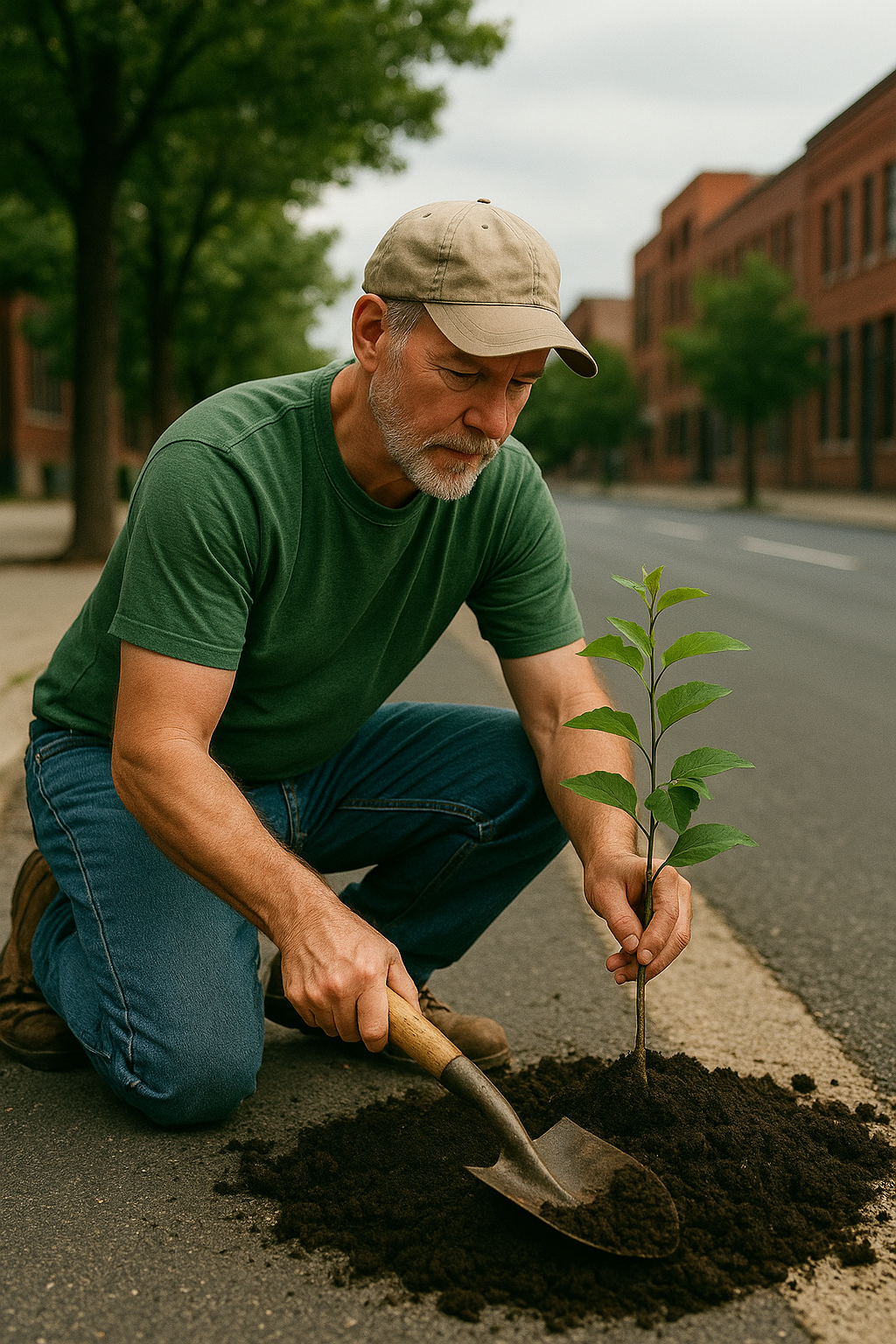 Hombre mayor plantando árboles en zona urbana